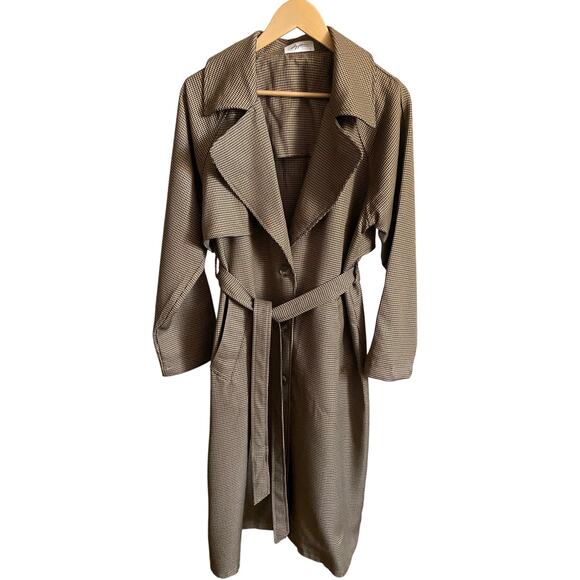 Carly Jean Women's Size S Downing Trench Coat Jacket Taupe Tie Belt Houndstooth - Picture 8 of 9